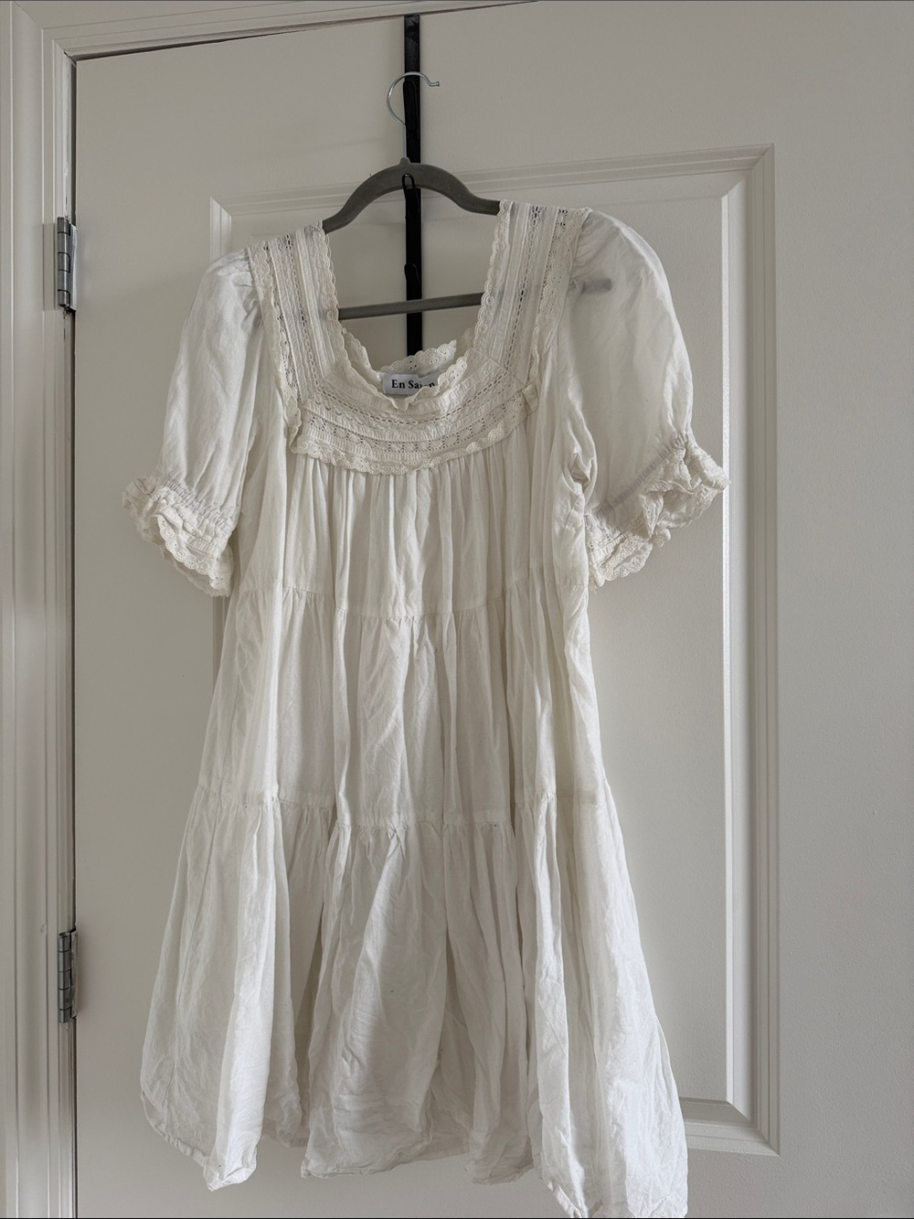 En Saison Lace-Trim Puff Sleeve cotton Dress